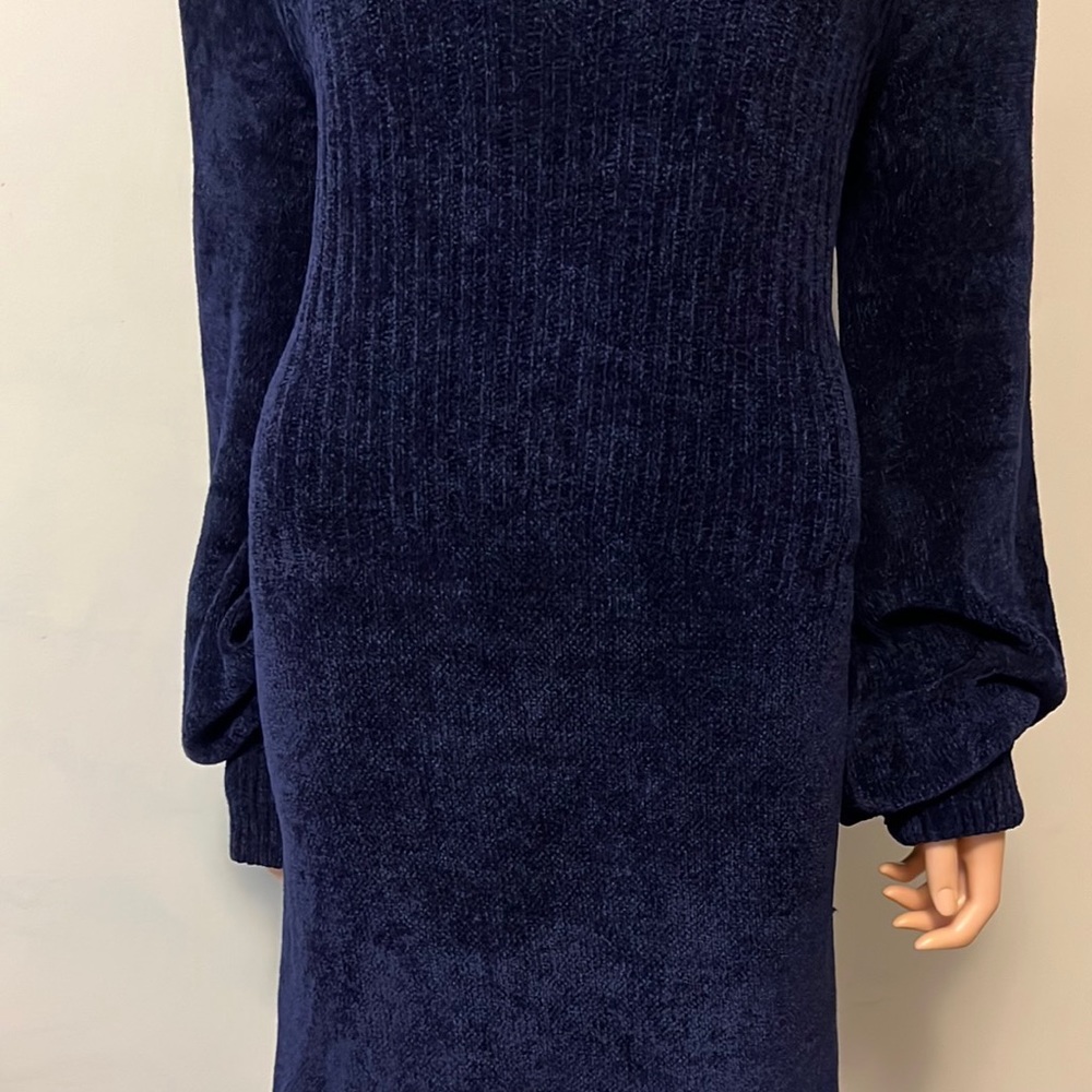 Free People NAVY Blue Velvety Turtle Cowl Neck Open Back Knit MIDI Dress Large - Picture 4 of 11